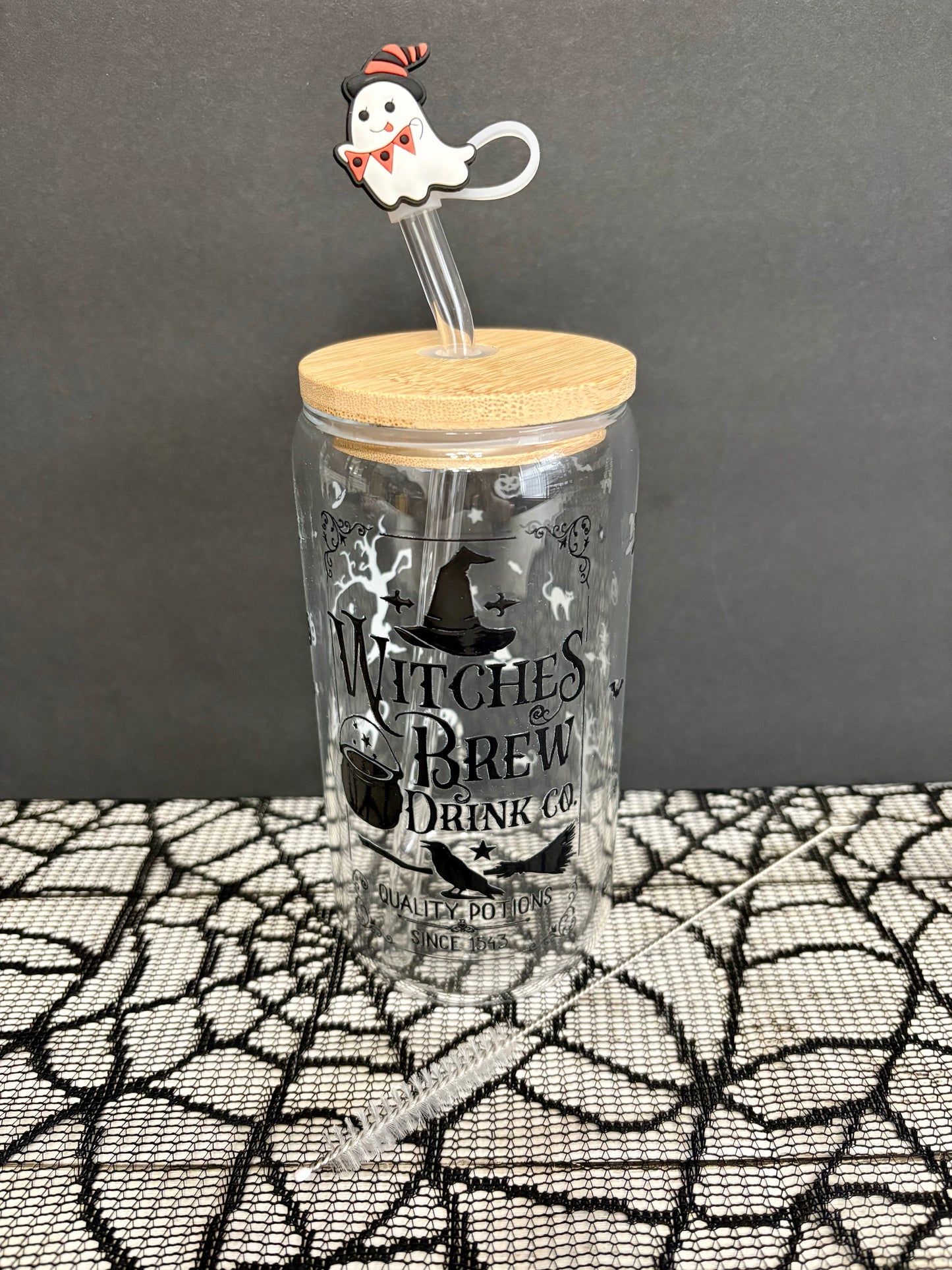 Witches Brew Glass Tumbler with Straw and Topper︱16-Ounce Festive Halloween Cup︱Little Extras
