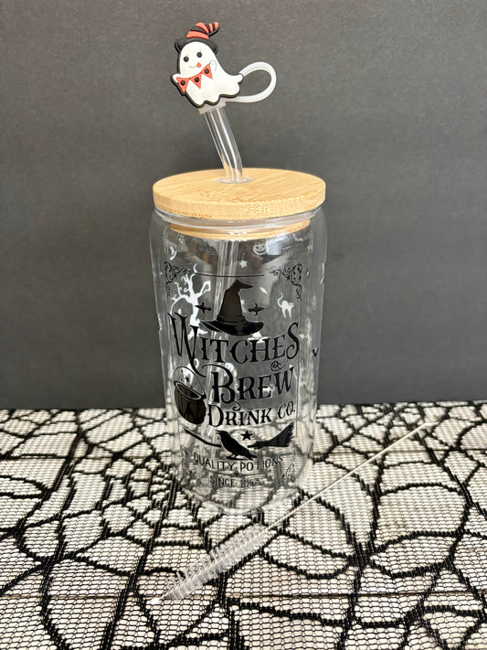 Witches Brew Glass Tumbler with Straw and Topper︱16-Ounce Festive Halloween Cup︱Little Extras