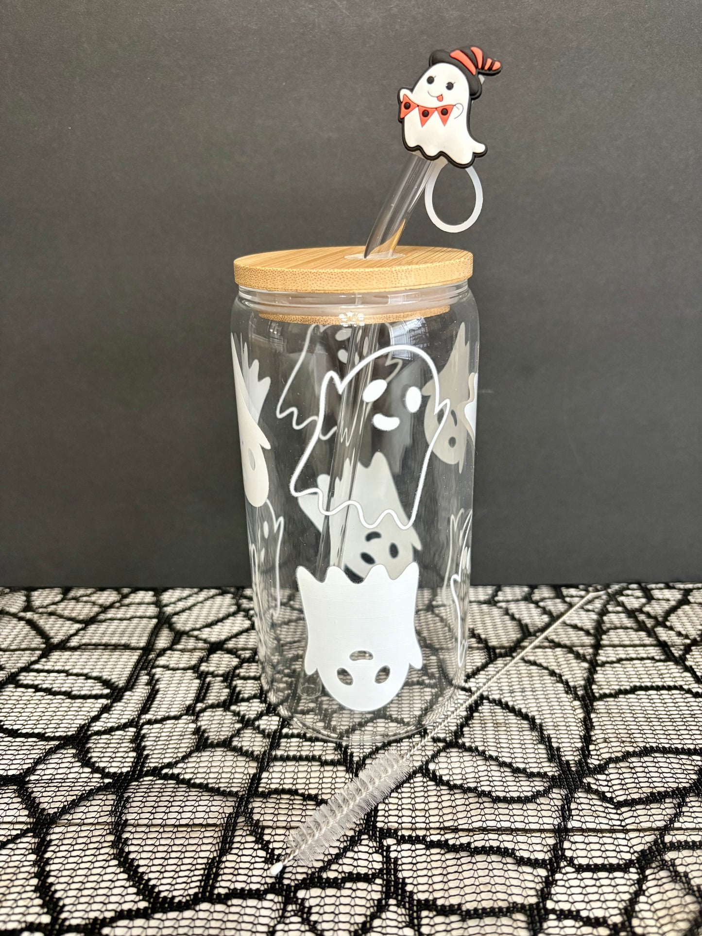 Ghostly Glass Tumbler with Straw and Topper︱16-Ounce Festive Halloween Cup︱Little Extras