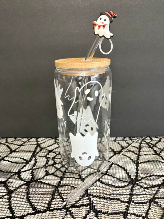 Ghostly Glass Tumbler with Straw and Topper︱16-Ounce Festive Halloween Cup︱Little Extras